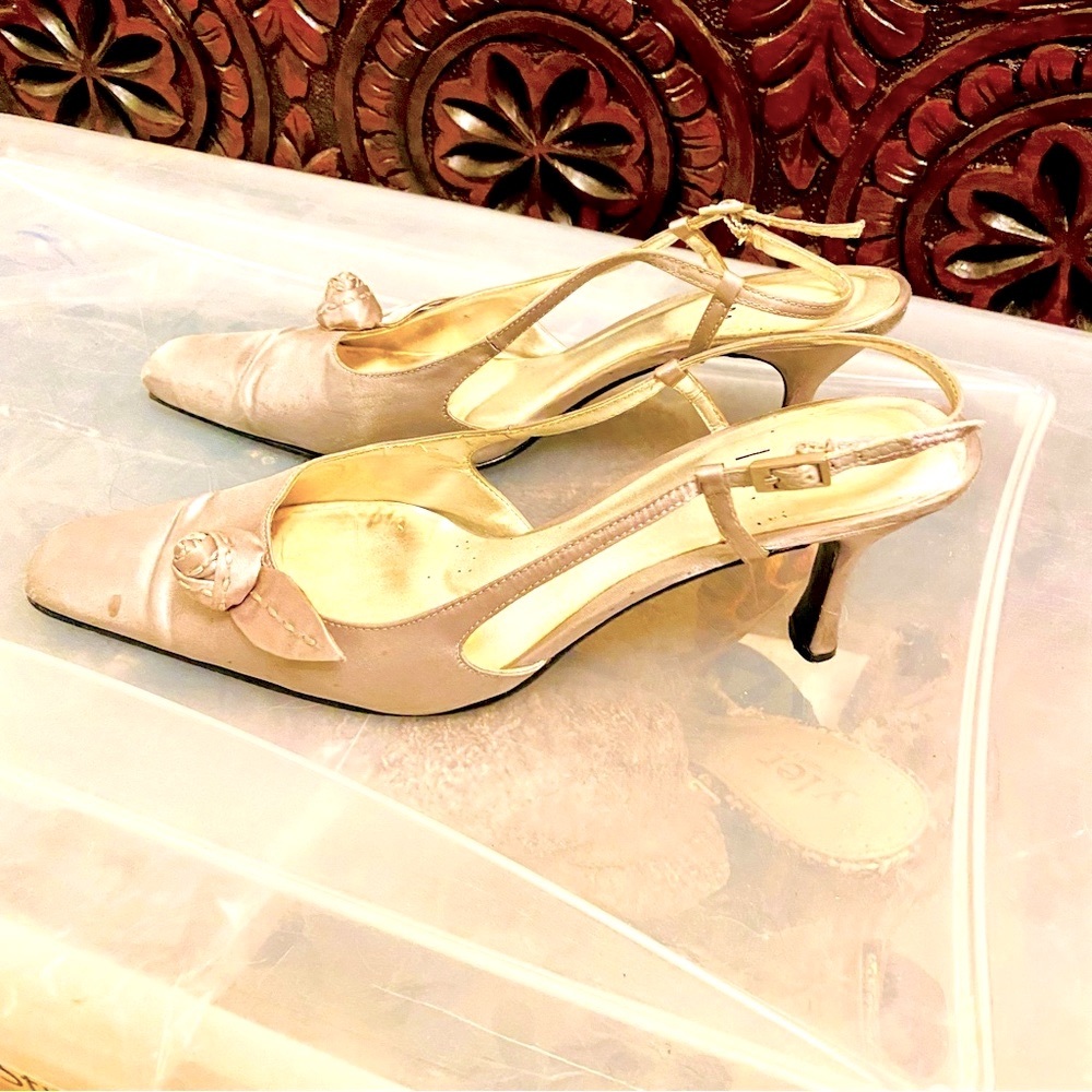 Elegant Silver Satin Slingback Heels with Rose Accent by Impo